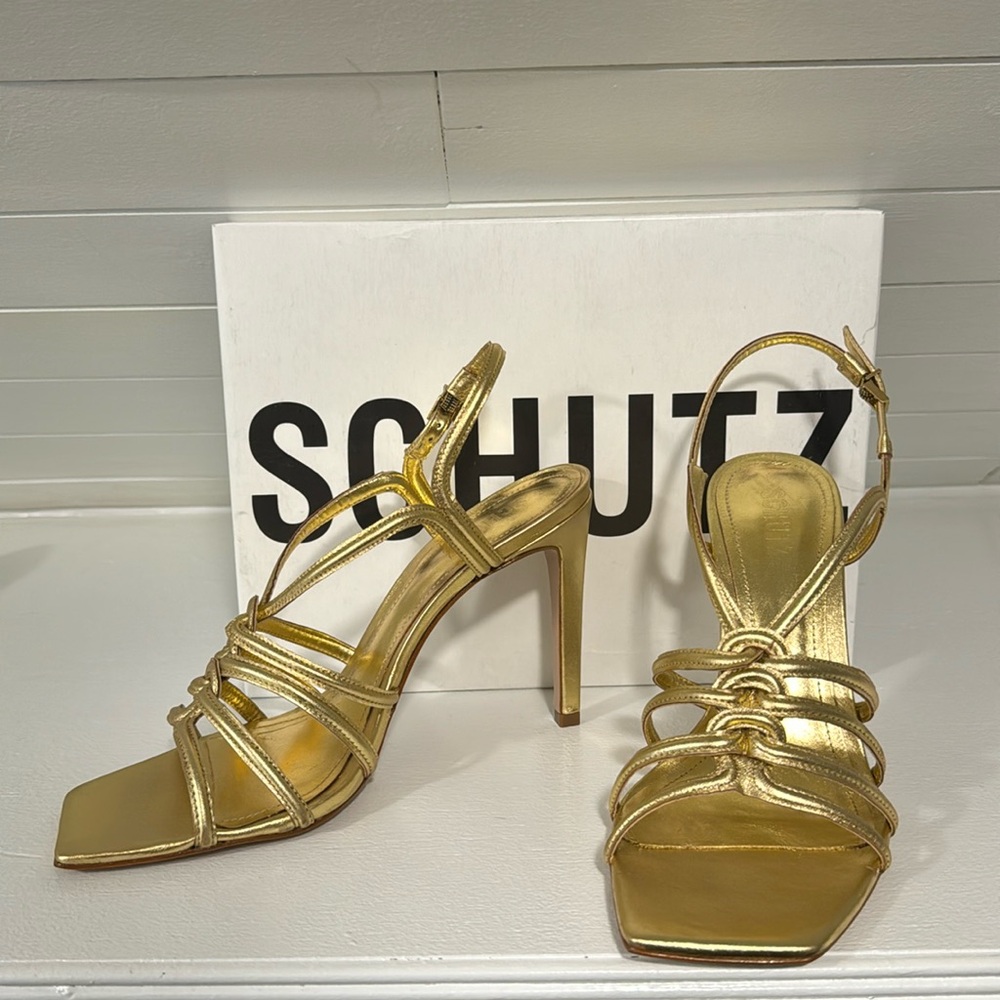 Schultz Gold Leather Adjustable Caged Sandals